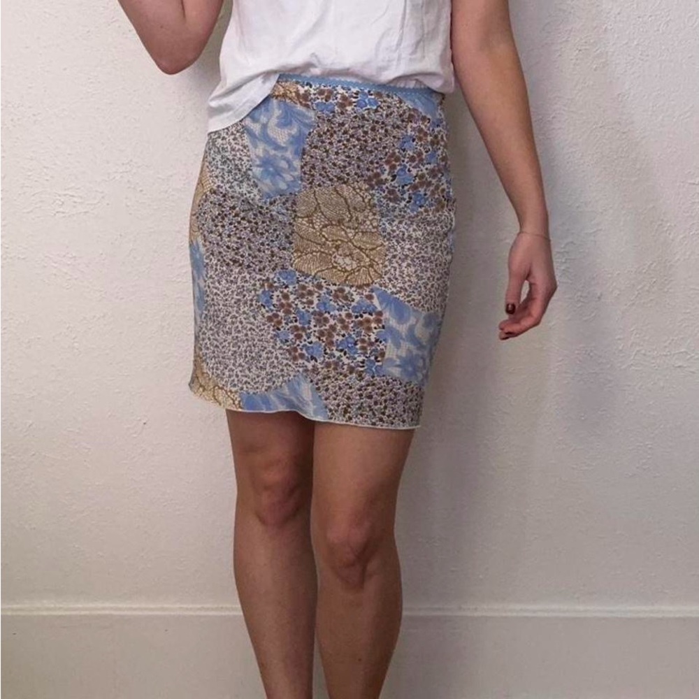 Vintage Y2K Blue and Brown Paisley and Floral Midi Skirt